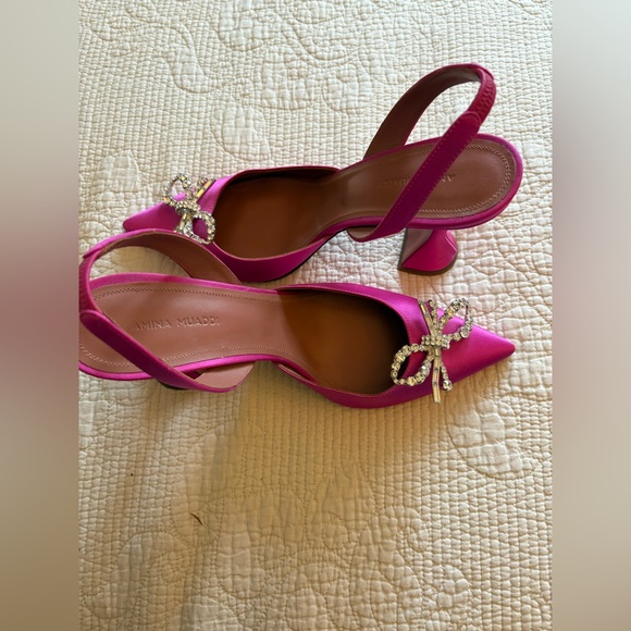 Amina Muaddi Rosie Pink Satin Sling Back Heels with Crystal Bow Size 40 - Picture 6 of 7